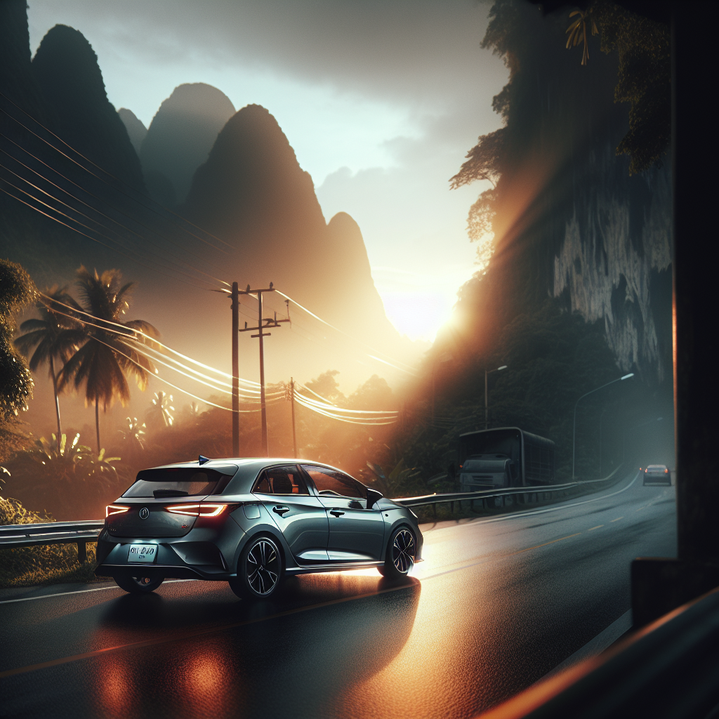 Voiture circulant sur une route thaïlandaise avec paysage urbain en arrière-plan.
