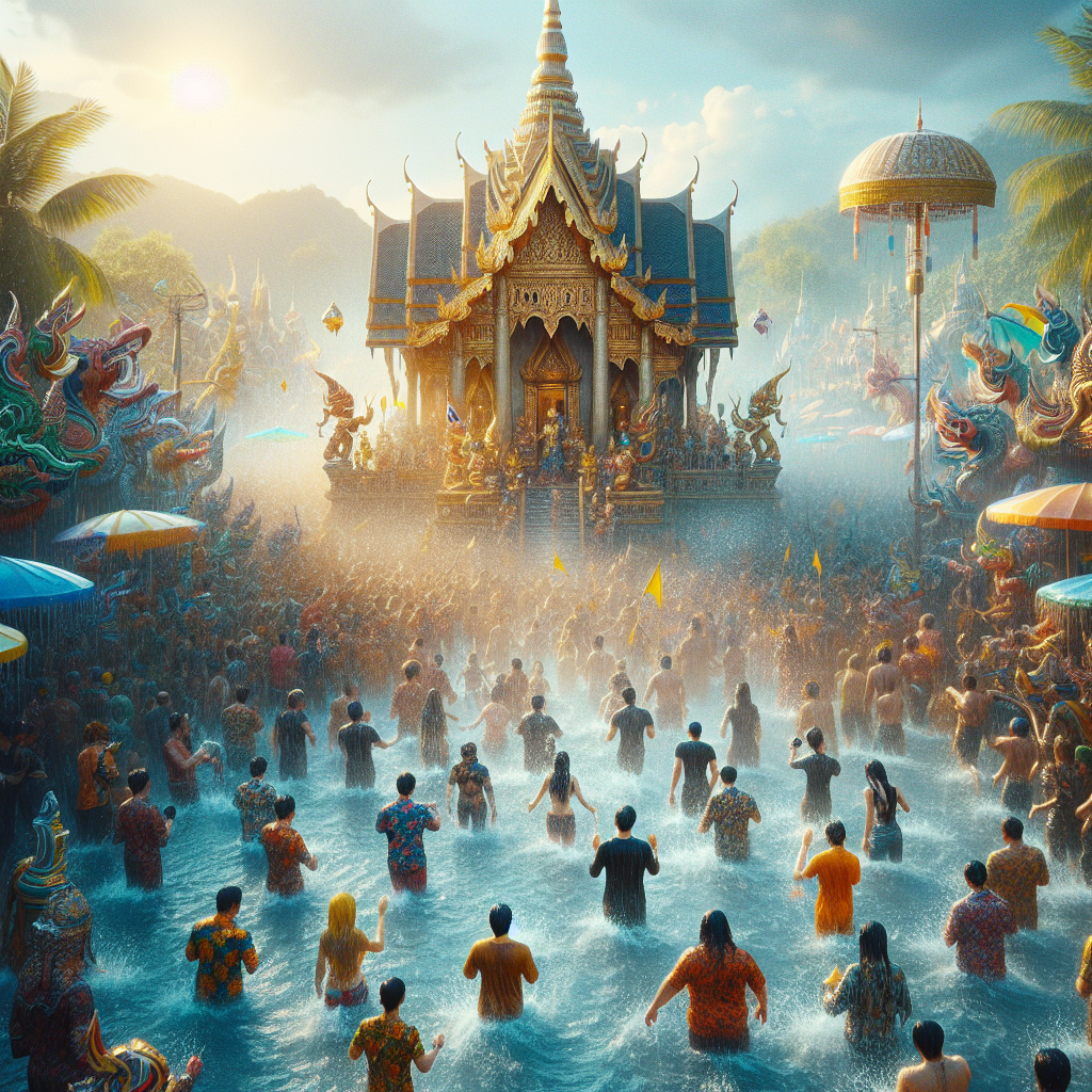 Célébration traditionnelle de Songkran avec jets d'eau et festivités joyeuses en Thaïlande.