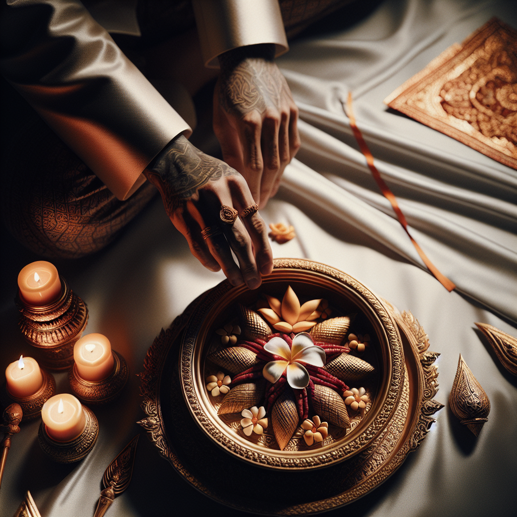 Rite thaïlandais traditionnel avec moines en méditation et offrandes spirituelles.