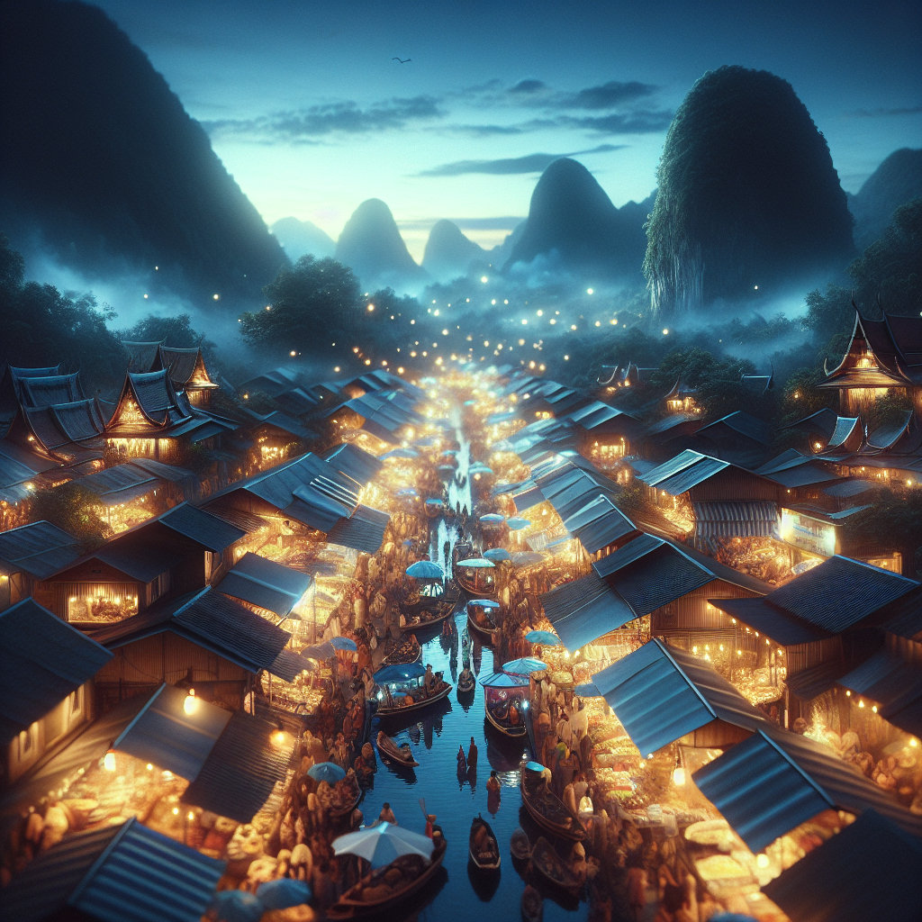 Étal de street food dans un marché nocturne animé en Thaïlande.