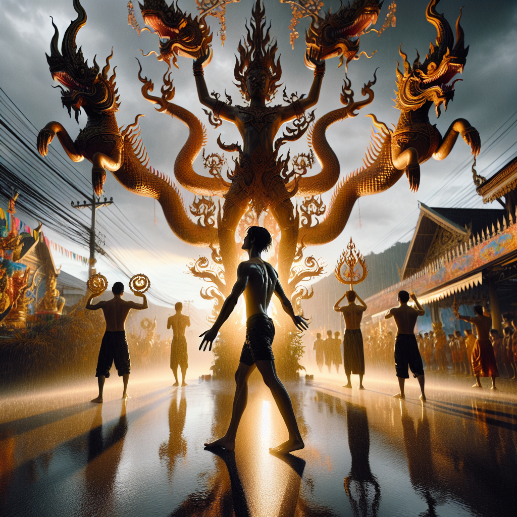 Célébration traditionnelle du Nouvel An thaïlandais avec batailles d'eau et festivités.