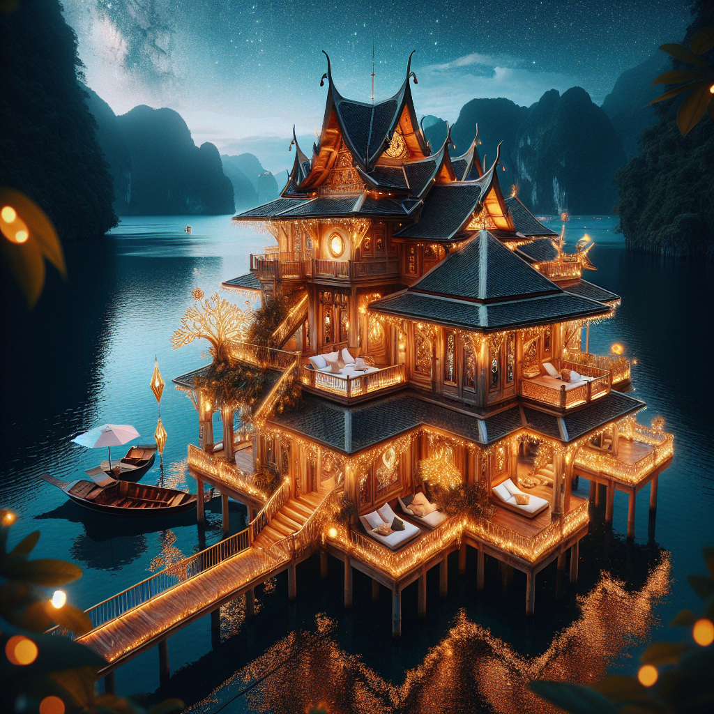 Paysage nocturne vibrant d'une fête secrète en Thaïlande, avec lumières colorées.